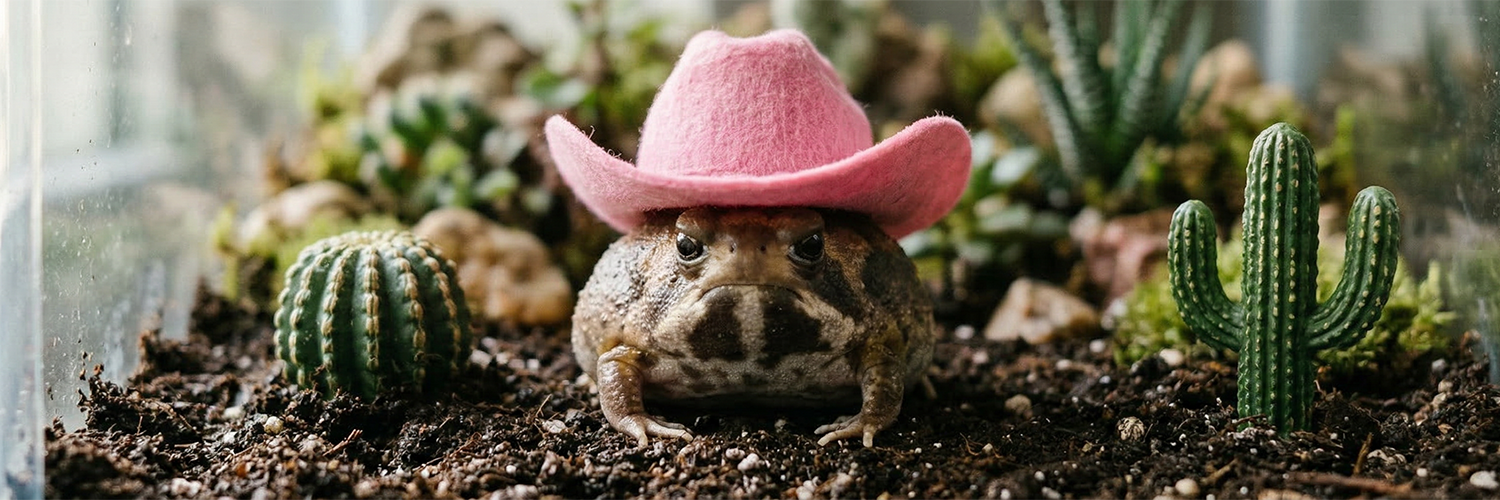 Moony wearing a pink cowboy hat